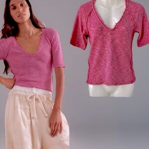 Free People We The Free Francis V-Neck Textured “Beetroot” (Pink) Tee Shirt, XS